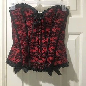 Steampunk Victorian Burlesque lace up corset top black & red size large